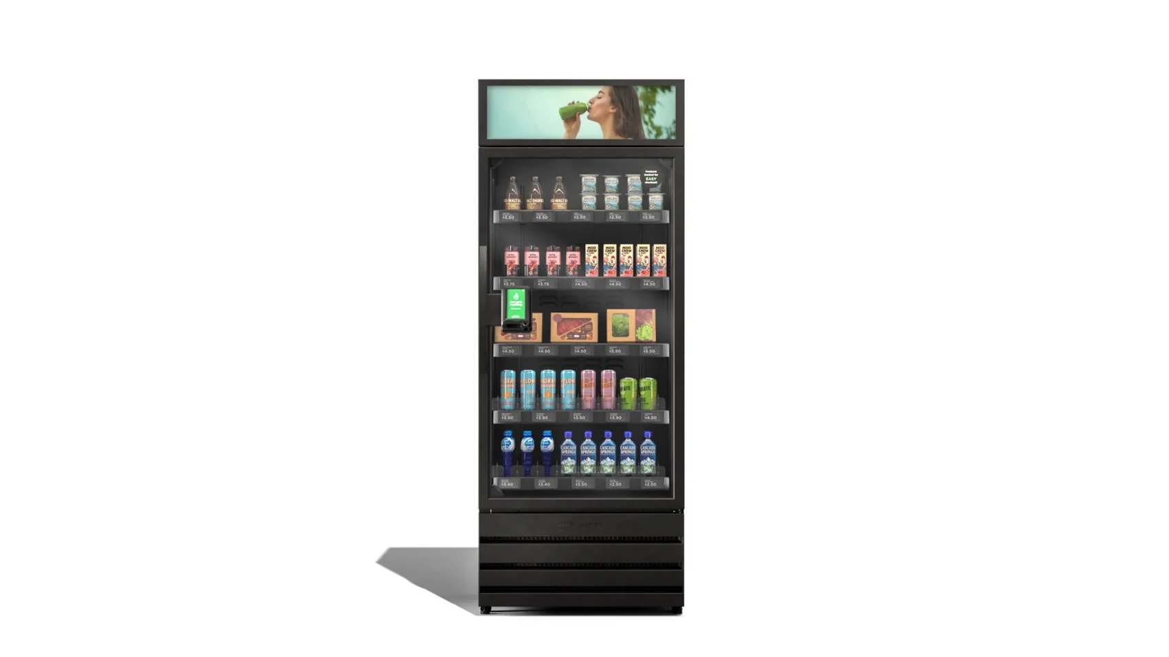 Stocked black smart cooler with drinks and snacks